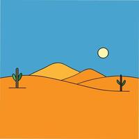 Simple desert illustration featuring orange sand dunes under a clear blue sky. Two small cacti and a bright sun are depicted. vector