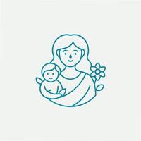 A simple line art illustration depicts a mother lovingly holding her baby, adorned with a flower. It symbolizes motherhood, care, and affection. vector