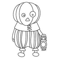 Cute drawing with a character for Halloween. Scarecrow with a pumpkin head in doodle style. Coloring book vector