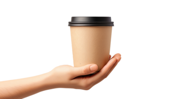 hand holding blank coffee paper cup, blooming on a transparency background png