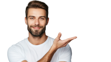 handsome man presenting product isolated on transparency background png