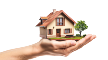 house in human hands, bloomig on a transparent background png