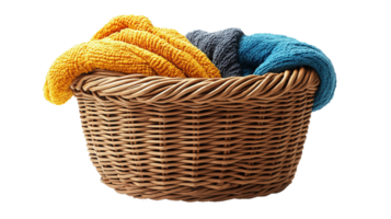 Laundry basket , clean clothes and Wicker basket with clean laundry isolated on transparent background png