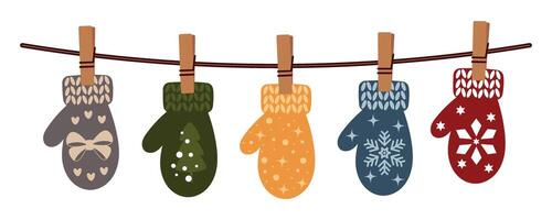 Mittens hanging on rope. Collection of colorful mittens with Christmas patterns. Warm accessory for winter. Decorative element for Christmas design. vector
