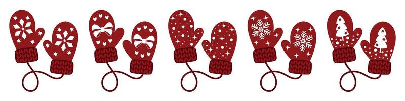 Red mittens with Christmas pattern. Warm accessory for winter. Decorative element for Christmas design. Knitted mittens with white pattern. vector