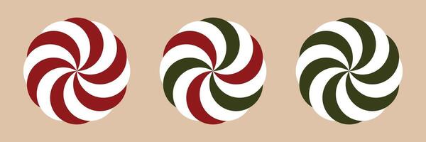 Christmas peppermint candy set. Round red, green and white xmas, holiday candy with swirls. Striped and swirl caramel without wrapper. vector