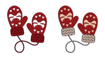 Pair of red knitted mittens with bow and hearts. Warm accessory for winter. Decorative element for Christmas design. Knitted mittens with white pattern. vector