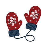 Red mittens with Christmas pattern. Warm accessory for winter. Decorative element for Christmas design. Pair of gloves vector