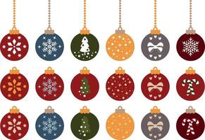Set of colourful Christmas tree balls. Christmas tree balls decorated with different patterns. Snowflakes and Christmas trees, candies and bows. Decorative element for Christmas design. vector