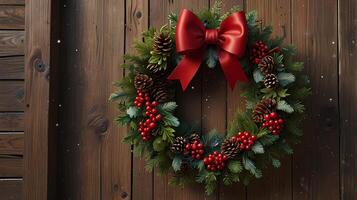 A wreath with red berries and pine cones on a wooden wall photo