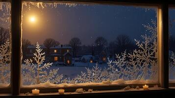 A window with a view of a snowy landscape and a full moon photo
