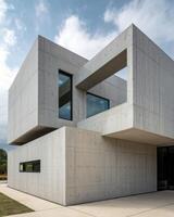 Modern concrete building, geometric design, large windows. photo