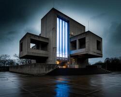 Brutalist architecture at dusk illuminated concrete structure. photo
