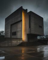 Illuminated concrete structure geometric modern architecture glowing entrance. photo