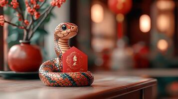 Close-up of a wooden snake hugging a red envelope photo