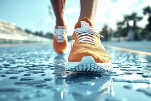 A close-up view of vibrant orange running shoes on a wet track, with a blurred background of an athletic stadium photo