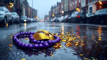 On the empty street after the parade, there are purple and yellow beads and a solitary carnival mask lying around photo