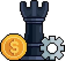 Pixel art of chess rook with coin and gear in 8-bit style on white background vector