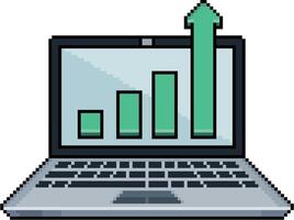 Pixel art of laptop with green bar graph in 8-bit style on white background vector