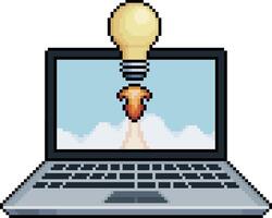 Pixel art laptop with light bulb taking off from the screen in 8 bit style on white background vector