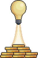 Pixel art light bulb taking off over pile of coins in 8-bit style on white background vector