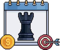 Pixel art of calendar with chess rook, coin and target in 8-bit style on white background vector