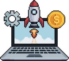 Pixel art of laptop with rocket, coin and gear in 8 bit style, startup strategy concept vector