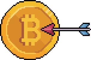 Pixel art bitcoin coin with an arrow in 8-bit style on white background vector