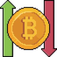 Pixel art of bitcoin currency with a green arrow and a red arrow in 8-bit style on white background vector