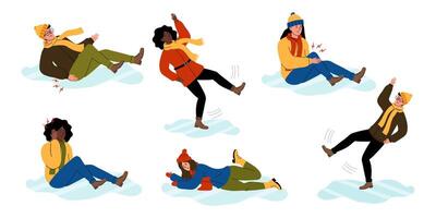 People slipping and sliding on ice while enjoying winter activities in a snowy landscape vector