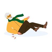 Elderly man slipping on ice while walking with winter clothes in a winter setting vector