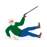 Elderly man falls while trying to regain balance using a cane in a bright setting vector