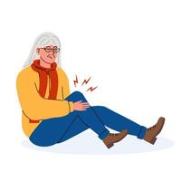Elderly person experiences knee pain while sitting on the ground in a casual setting vector