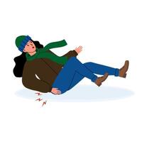 Woman in winter attire slips on ice while walking, displaying surprise and discomfort vector