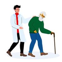 Young doctor assists elderly man with mobility issues during a routine check-up in a clinic vector