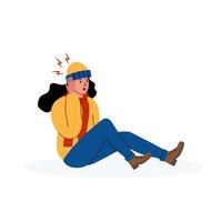 Woman sitting on ground with distressed expression and hands covering ears in winter setting vector