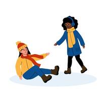 Two friends interact in winter clothing, one helping the other after a fall in a snowy setting vector