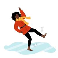 Woman slips on ice while walking in winter weather with a scarf and coat vector