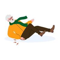 Elderly man falls down while walking on an icy surface in winter attire vector