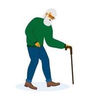 Elderly man walking with a cane showing signs of discomfort during a sunny day vector