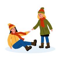 Two girls in winter clothes play, helping each other up after a fall in the snow vector