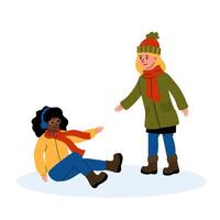 Two friends enjoying winter fun, one helping the other after a playful fall in the snow vector
