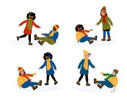 Children enjoying winter activities while playing on snowy ground in a park vector