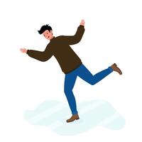 Young man slipping on ice while trying to maintain balance during winter vector