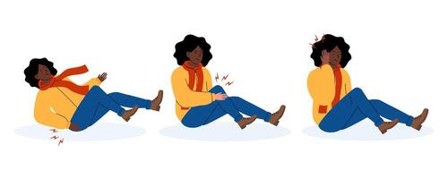 Woman experiencing pain after falling while walking in a park during autumn vector