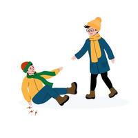 Winter fun turns into an unexpected slip on ice with friends helping each other vector