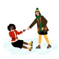 Two ice skaters on a snowy rink during winter, one helping the other up from a fall vector