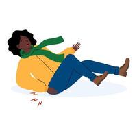 Woman falls and experiences discomfort while walking on a slippery surface in winter vector
