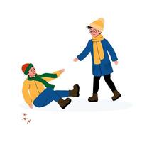 Winter fun turns into an unexpected slip on ice with friends helping each other vector