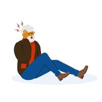 Senior man sitting on floor with hands on head expressing discomfort due to headache vector